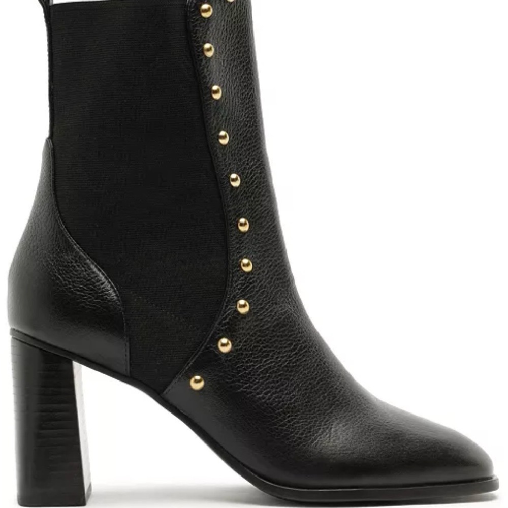 Black Leather Ankle Boots with Gold Stud Detail - Women - NWOB
